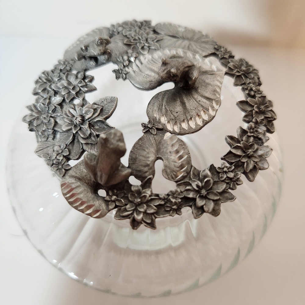 Vintage 1989 Rawcliffe Pewter Frog Lily Pad Potpourri Jar Ribbed Glass Bowl
